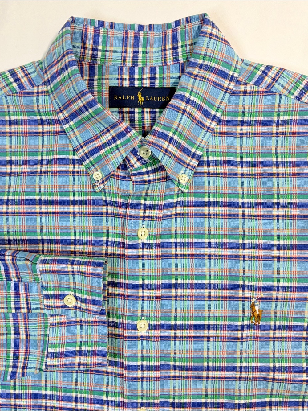 Ralph Lauren Oxford Blue, Green Plaid Button-Down Shirt Large